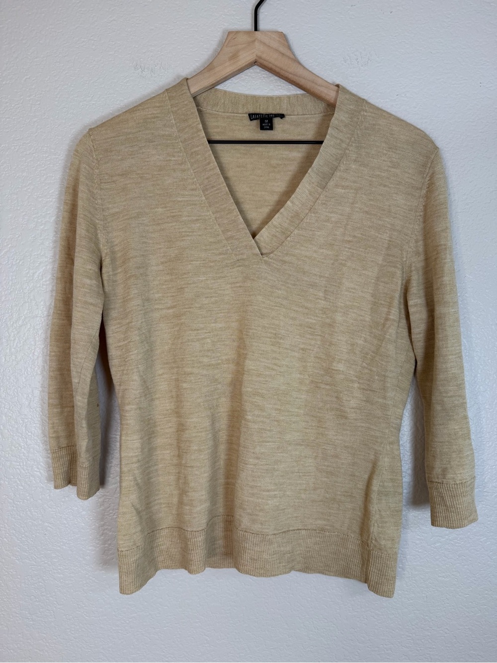 Lafayette 148 New York Tan Wool V Neck Sweater Medium $798